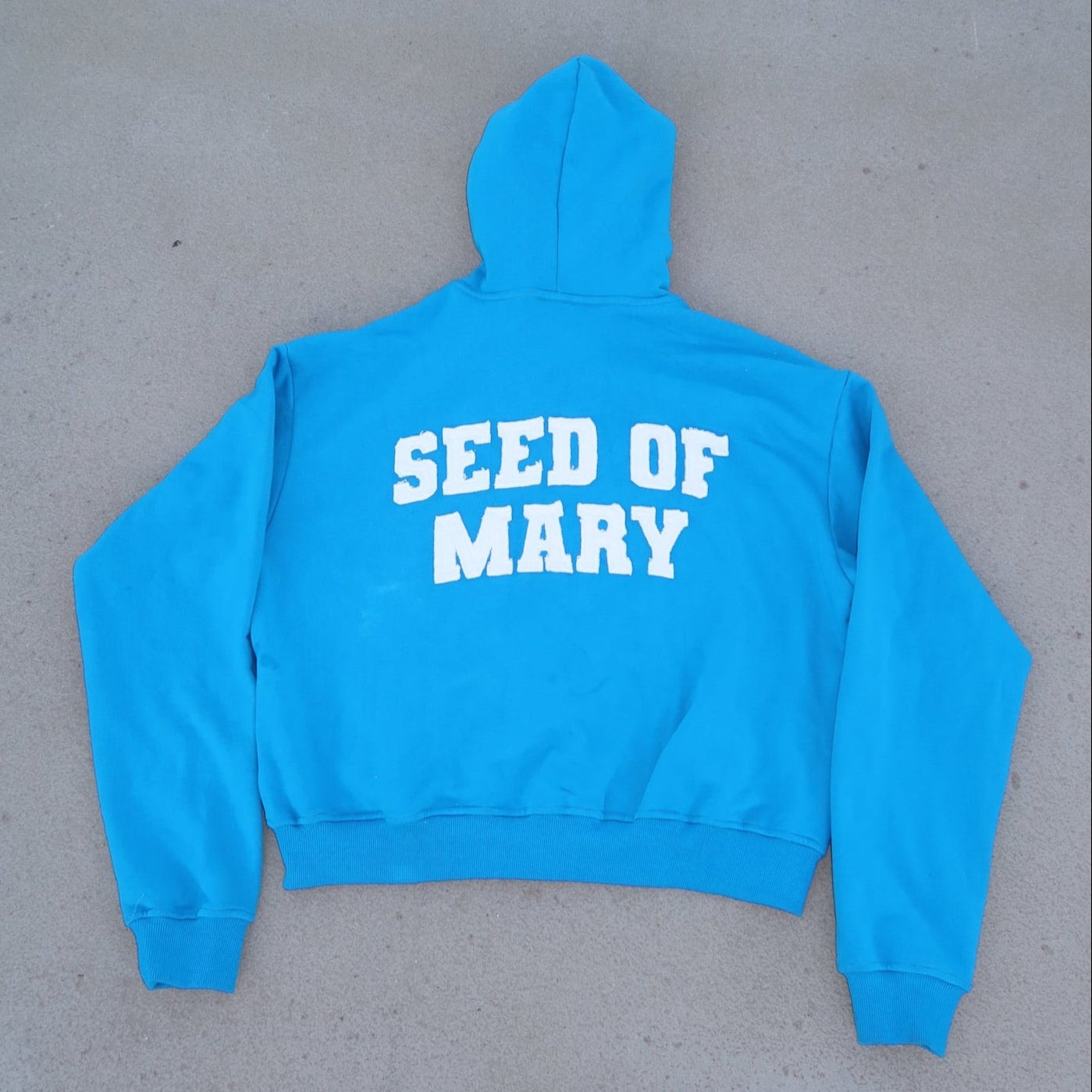 Blue hoodie with 'SEED OF MARY' text on the back, laid flat on a gray surface.